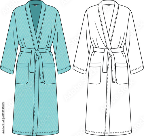 Technical fashion flat sketch of a long bathrobe with belt and pockets, set including colored and white line art versions