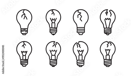 Broken Light Bulb Icons Collection Vector SetConcept of Failed Ideas or Burnout