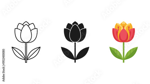 Three colorful tulip flowers in different styles Vector