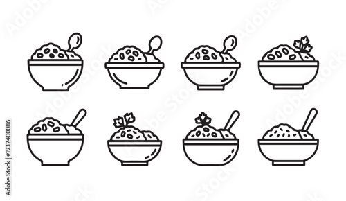 Bowl of Rice Vector Icons Set Grain Food with Spoon and Garnish Healthy Meal