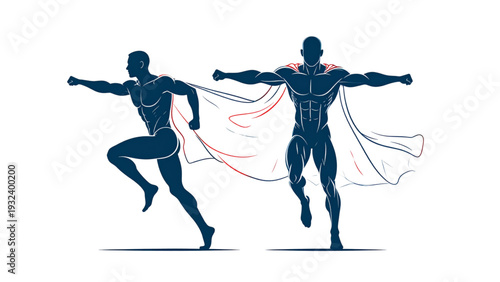 Male superhero and athletic silhouettes set showing standing, running, and power poses isolated on white background for action illustration use