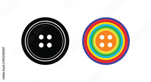 Two buttons a black one and a colorful rainbow striped one