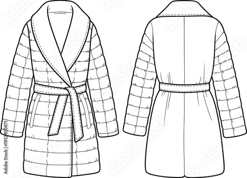Technical fashion flat sketch of a quilted puffer coat with a wide shawl collar, belted waist, and horizontal padding panels
