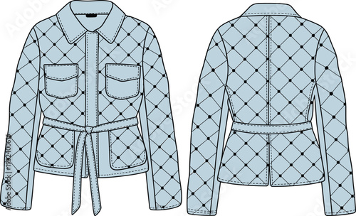 Technical fashion flat sketch of a quilted jacket with a collar, belt, and chest pockets, featuring front and back views