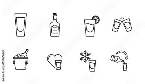 Alcohol Shots Icons Set: Bottle Glass Ice Bucket Cheers Lemon Snowflake Heart Pouring