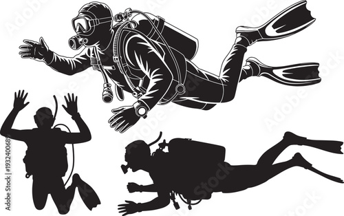 Set of three vector silhouettes of scuba divers underwater exploration activities