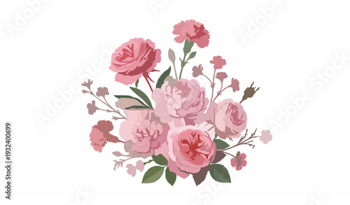 Vintage Botanical Pink Garden Flowers Illustration with Roses Peonies and Carnations Isolated on White
