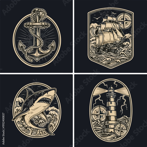 Collection of four nautical emblems featuring an anchor, ship, shark, and lighthouse in gold on black backgrounds, with various oceanic motifs.