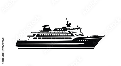 A black and white illustration of a large passenger cruise ship at sea