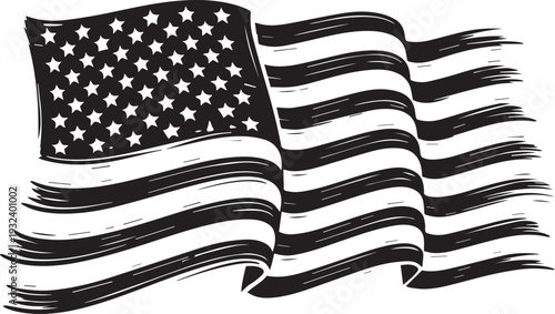 A dynamically waving American flag is rendered with a brushed, artistic texture in black and white.