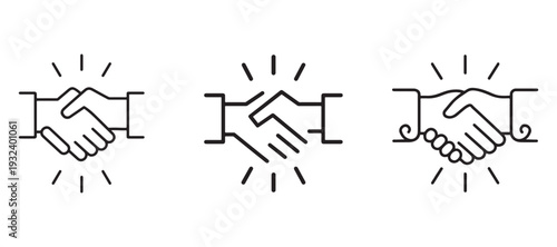 Business Handshake Line Icon Set – Partnership Agreement Deal Outline Vector Symbol