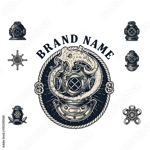 A detailed illustration of a scuba diving helmet surrounded by nautical icons on a white background with a rope border and 'BRAND NAME' text.
