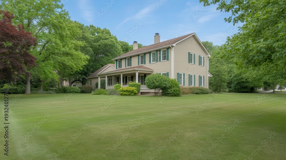 Fototapeta premium Side view of a beige farmhouse with green shutters and expansive lawn under a clear sky
