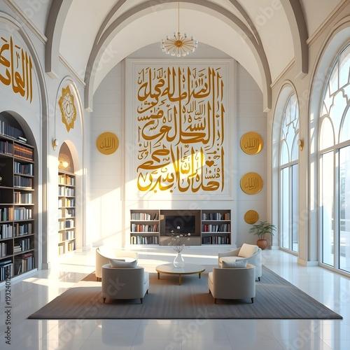 Luxury Modern Interior Design of a Bright Library with Golden Arabic Calligraphy on the Wall and Minimalist Furniture