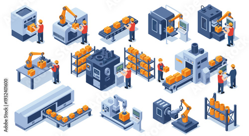 Isometric vector illustration of a modern automated factory production line with robotic arms and conveyor belts