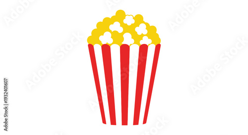 A brightly colored illustration of a red and white striped popcorn container