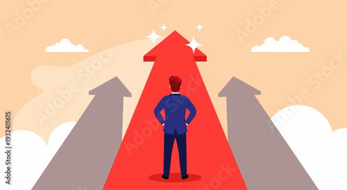 Successful Businessman Standing on Red Arrow Leading Upward Vector Illustration Symbolizing Growth and Achievement in Business Career
