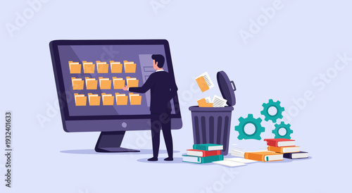 Digital cleanup and organization vector illustration of a man organizing files on a computer screen near a trash bin and gears