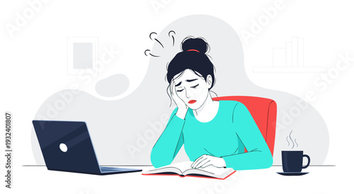 Stressed Woman Working Overtime with Laptop and Coffee, Exhausted Female Employee Feeling Overwhelmed at Desk - Vector Illustration