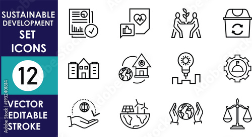 This professional set of twelve black line icons illustrates sustainable development, featuring renewable energy, recycling, global conservation, social equity, and responsible environmen