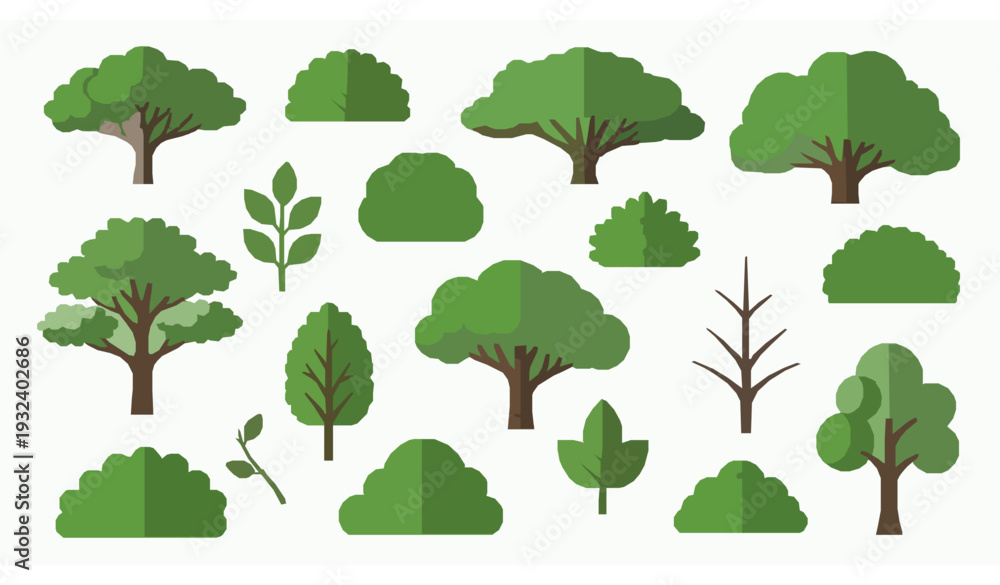 Fototapeta premium Green forest trees and bush foliage vector illustration set natural environment shapes isolated on white background