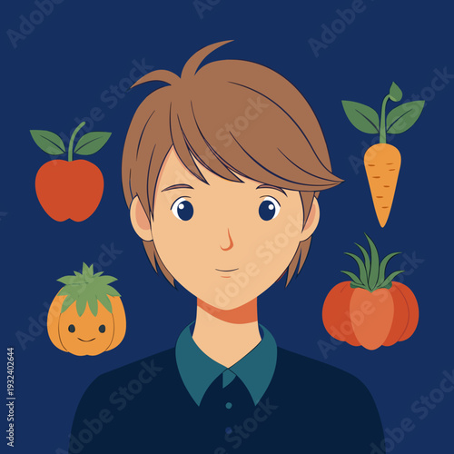 A cartoon boy with brown hair and colorful vegetables and fruits around him smiling happily in a digital illustration with a dark blue background and green shirt