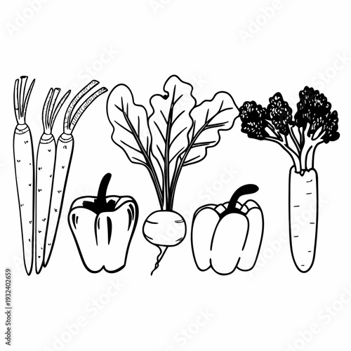 A black and white illustration of various vegetables including carrots, peppers, and broccoli on a plain background, showcasing healthy eating and fresh produce options.