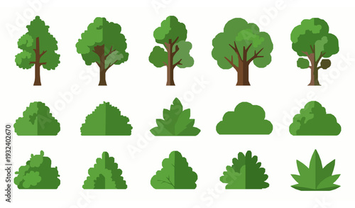 Forest and park green tree and bush collection flat vector illustration isolated on white background