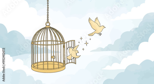 A golden birdcage with a butterfly flying freely against a blue sky backdrop