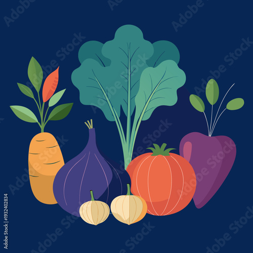 Colorful illustration of various vegetables including carrots, beets, and squash on a dark blue background, showcasing healthy eating and fresh produce in a vibrant digital art style.