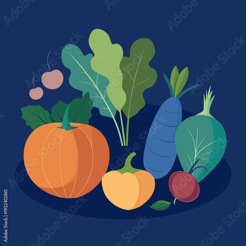 Colorful illustration of various vegetables and fruits on dark blue background, including pumpkin, peppers, and leafy greens, healthy eating concept with vibrant colors and playful style.