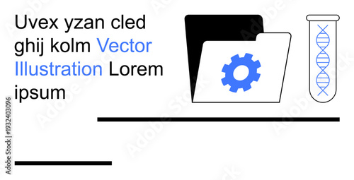 Data management, biotech research, digital innovation, laboratory processes, document handling, scientific exploration. Folder with a cogwheel and a test tube with a DNA strand. Data management