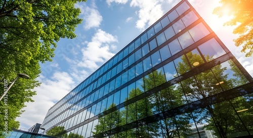 Como ejemplo del concepto ESG (ambiental, social y de gobernanza), la fachada de un edificio corporativo de vidrio refleja árboles verdes.
 Importancia de integrar la sostenibilidad en la práctica emp