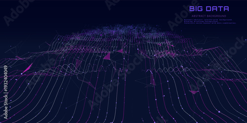Abstract digital data from wavy lines stream and triangles quantum computing in dark cyberspace. Tech information transmission. Big data light flow.