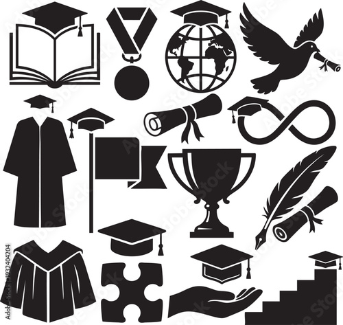 Graduation and Academic Achievement Icon Set with Diploma, Trophy, Globe and Cap – Black Silhouette Vector Collection