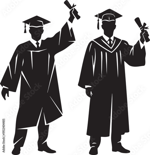 Male Graduate Silhouette Set Holding Diploma – Graduation Ceremony Black and White Vector Illustration