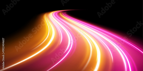 Rainbow neon lines weave smoothly, creating a dynamic tunnel of speed. Bright glowing edges highlight motion and forward momentum. Ideal for tech-inspired visuals. vector