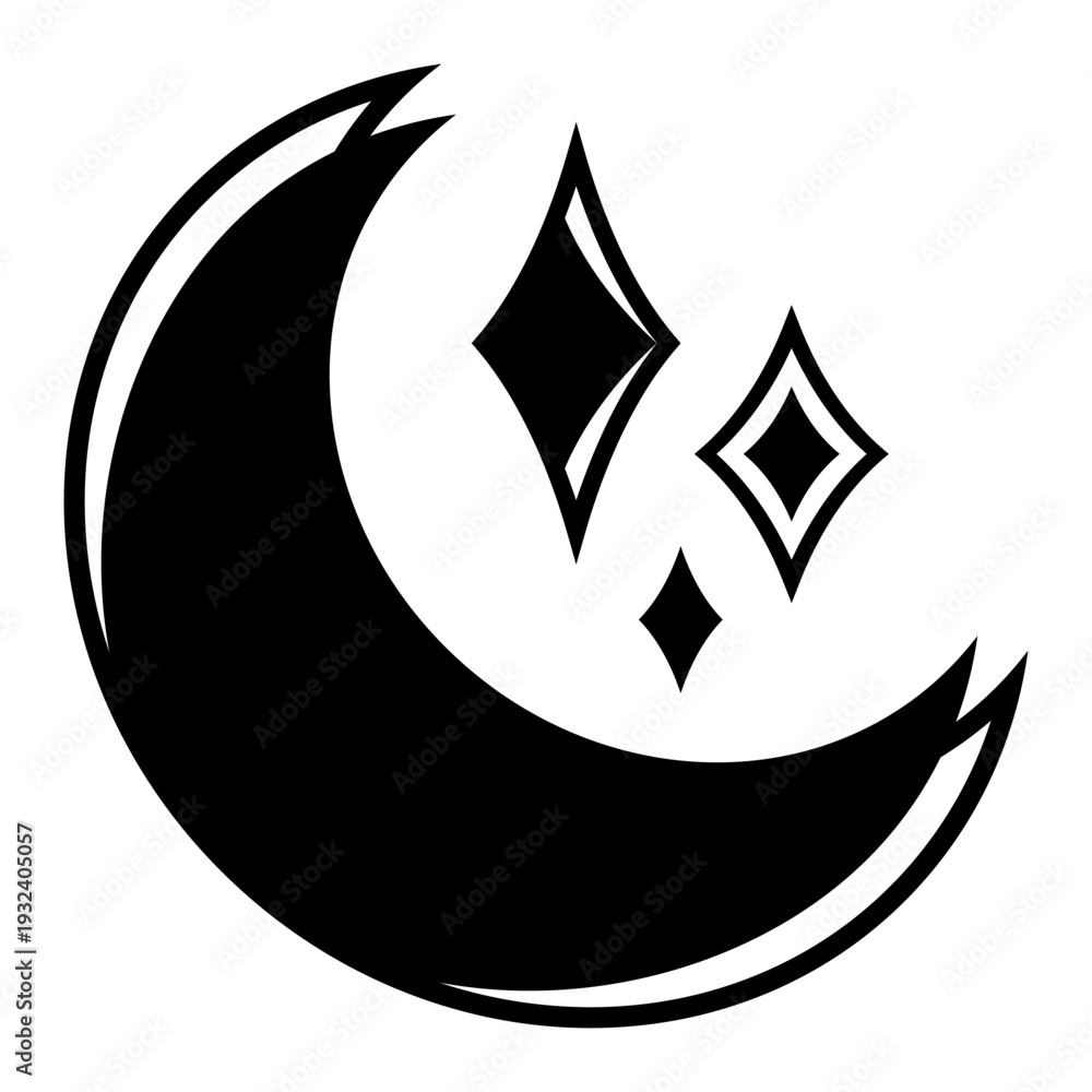Obraz premium Black celestial crescent moon and stars icon. Mystic night sky symbol. Vector illustration