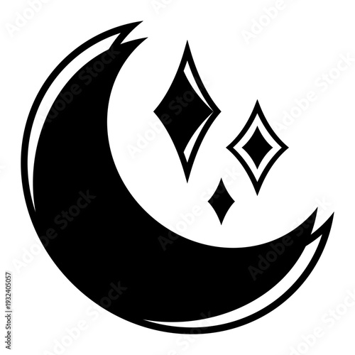 Black celestial crescent moon and stars icon. Mystic night sky symbol. Vector illustration