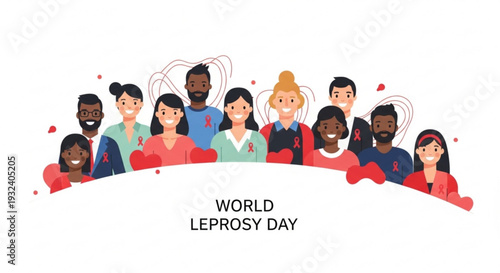 Diverse group of people showing support on world leprosy day with red hearts and fists symbolizing awareness and solidarity