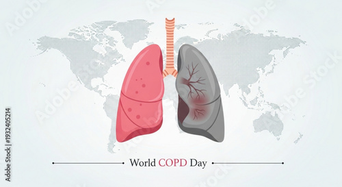 Healthy and diseased lungs on world copd day with global map background
