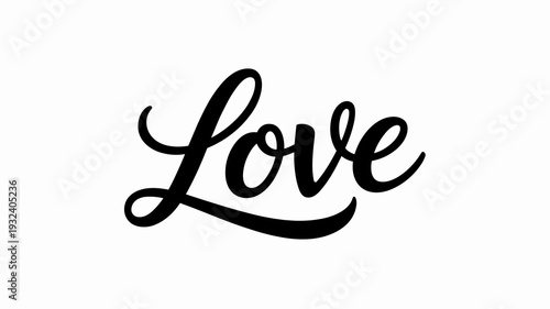 Elegant black cursive calligraphy spelling the word love, simple handwritten love text on white background, romantic typography
