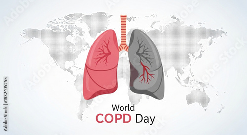 Healthy and damaged lungs on world copd day awareness concept with red and grey lungs on a world map background
