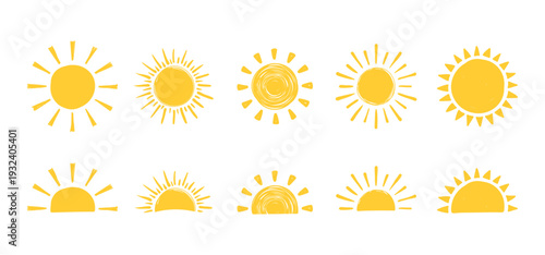 Set of hand drawn yellow sun icons, full and half sun designs