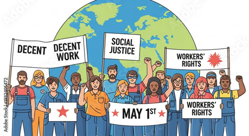 Diverse group of people protesting for social justice workers' rights and decent work on may 1st standing in front of a globe