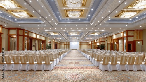 Spacious banquet hall with rows of chairs and elegant lighting for conferences and events