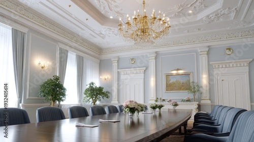 Elegant conference room with long table, stylish seating, and exquisite decor, ideal for business meetings and formal gatherings.