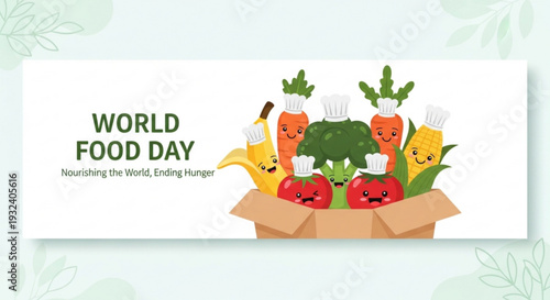 World food day illustration featuring cartoon fruits and vegetables in a cardboard box with green text on a light background