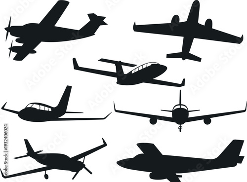 Airplane silhouette collection with propeller aircraft, passenger jet and private plane in multiple perspectives, aviation transport vector icons set isolated on white background