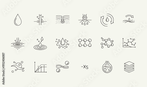 Premium Skincare Science  Hydration Icon Pack - 18 Minimalist Line Art Graphics for Dermatology, Molecular Cosmetics, Skin Layers  Beauty UI Assets